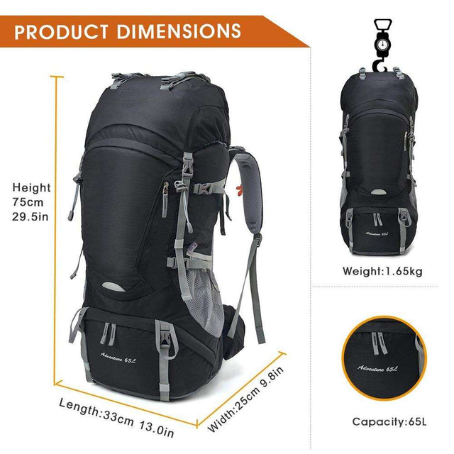 65L Multifunction Hiking Backpack Camping Bag with Rain Cover for Outdoor Activities