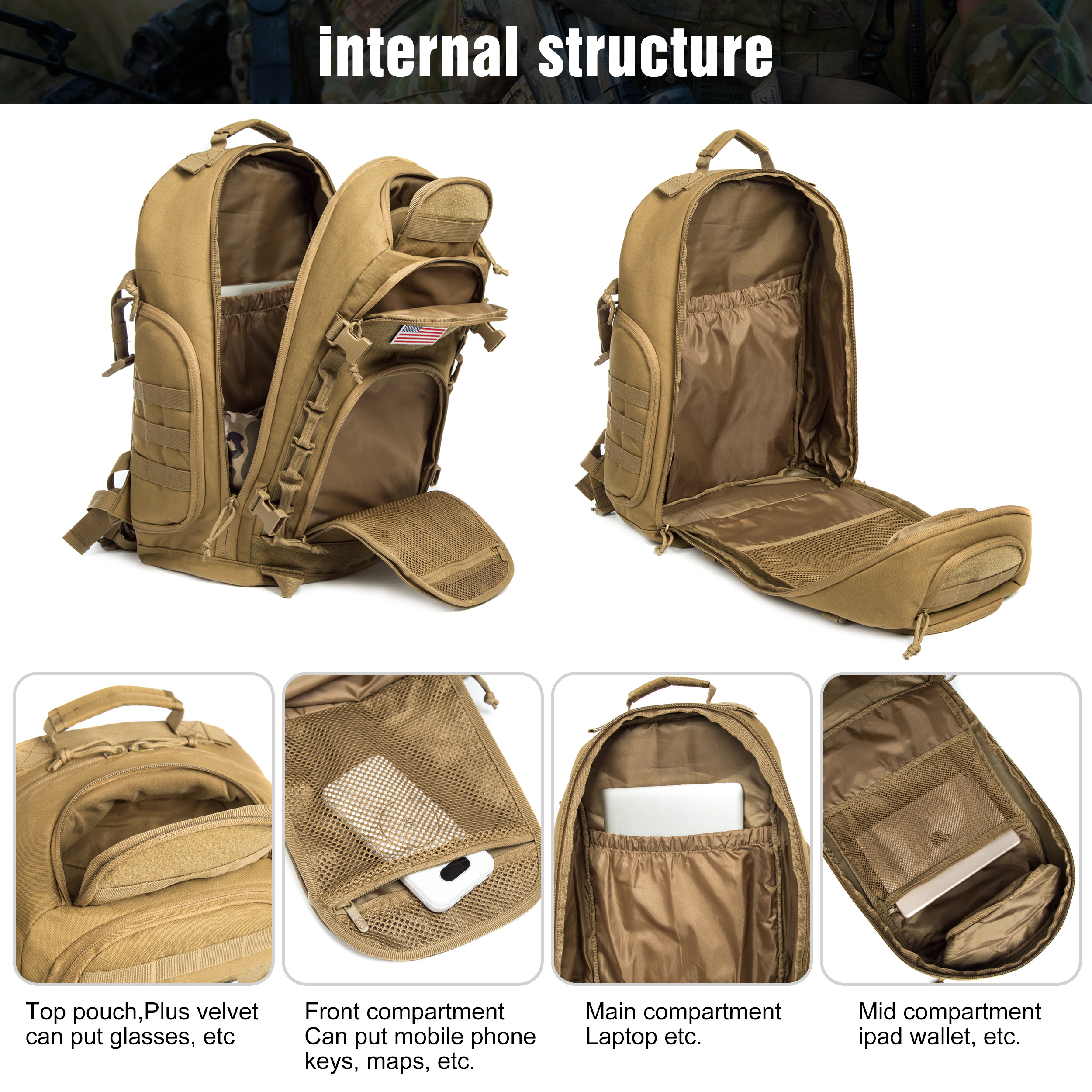 Khaki 38L Tactical Molle Backpack for Men Military Bag 