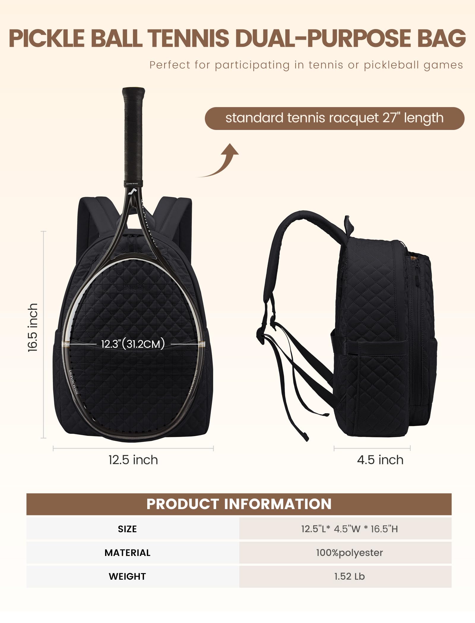Tennis Racket Backpack Waterproof Canvas Bag for Pickleball Paddles and Badminton Portable