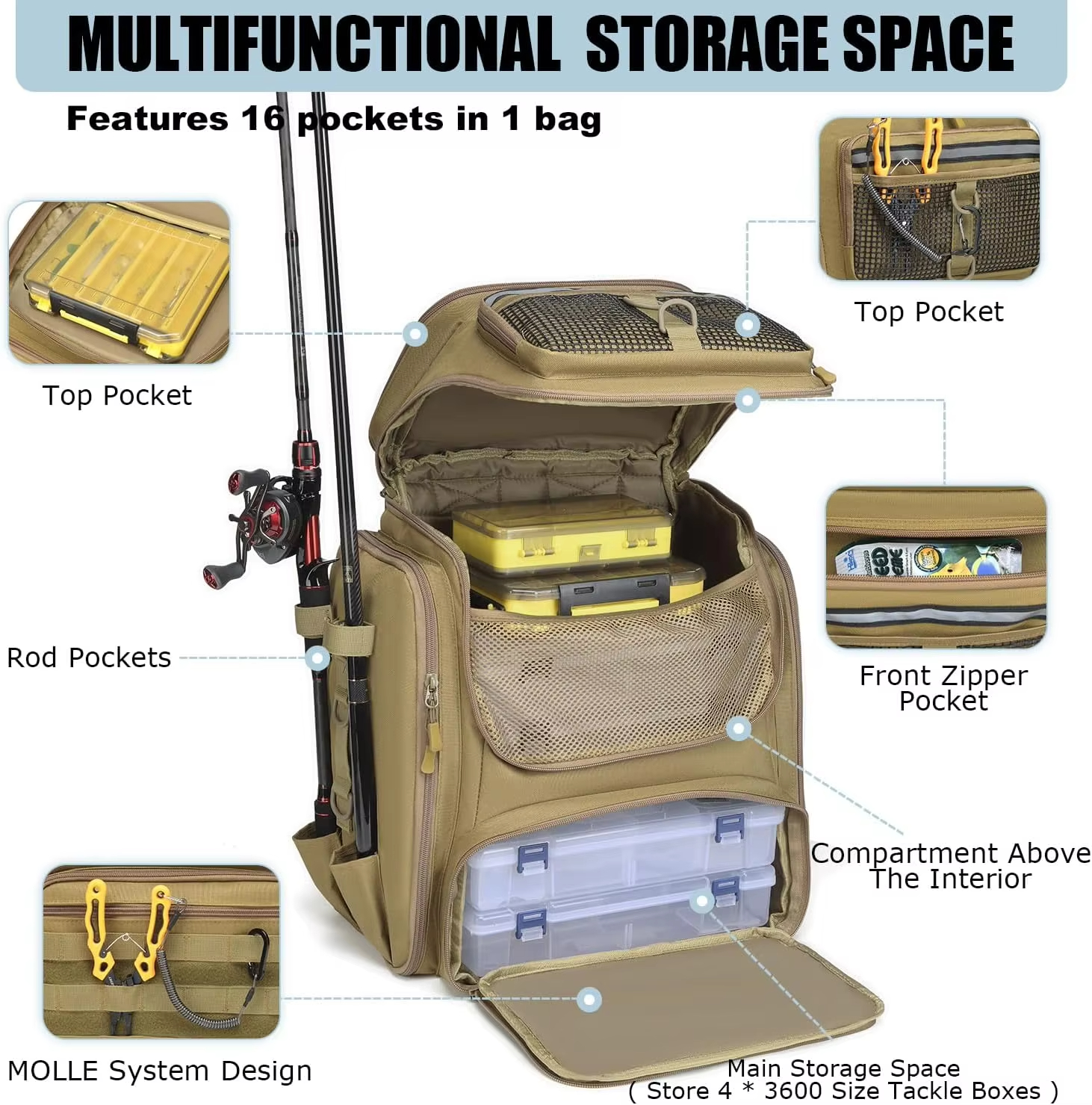 40L Fishing Tackle Backpack with Rod Holders